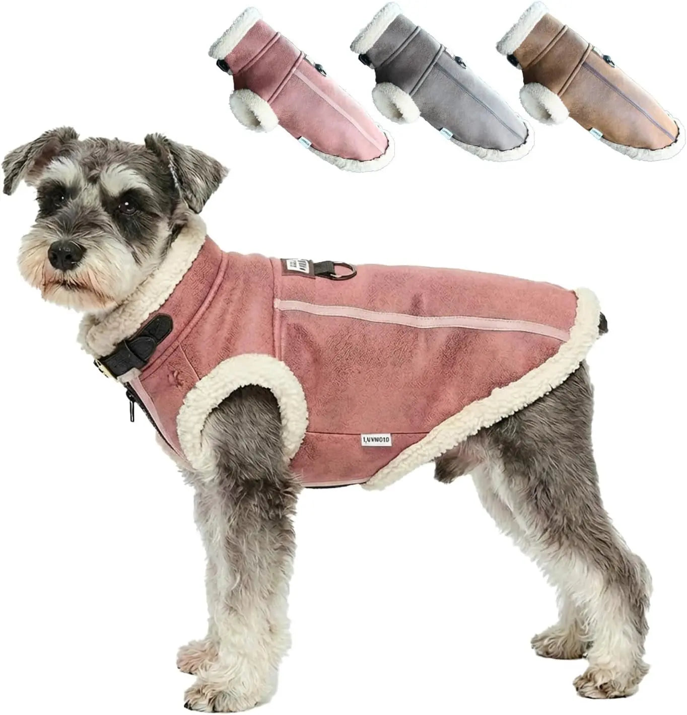 Pink dog aviator jacket with cream sherpa trim and front harness strap