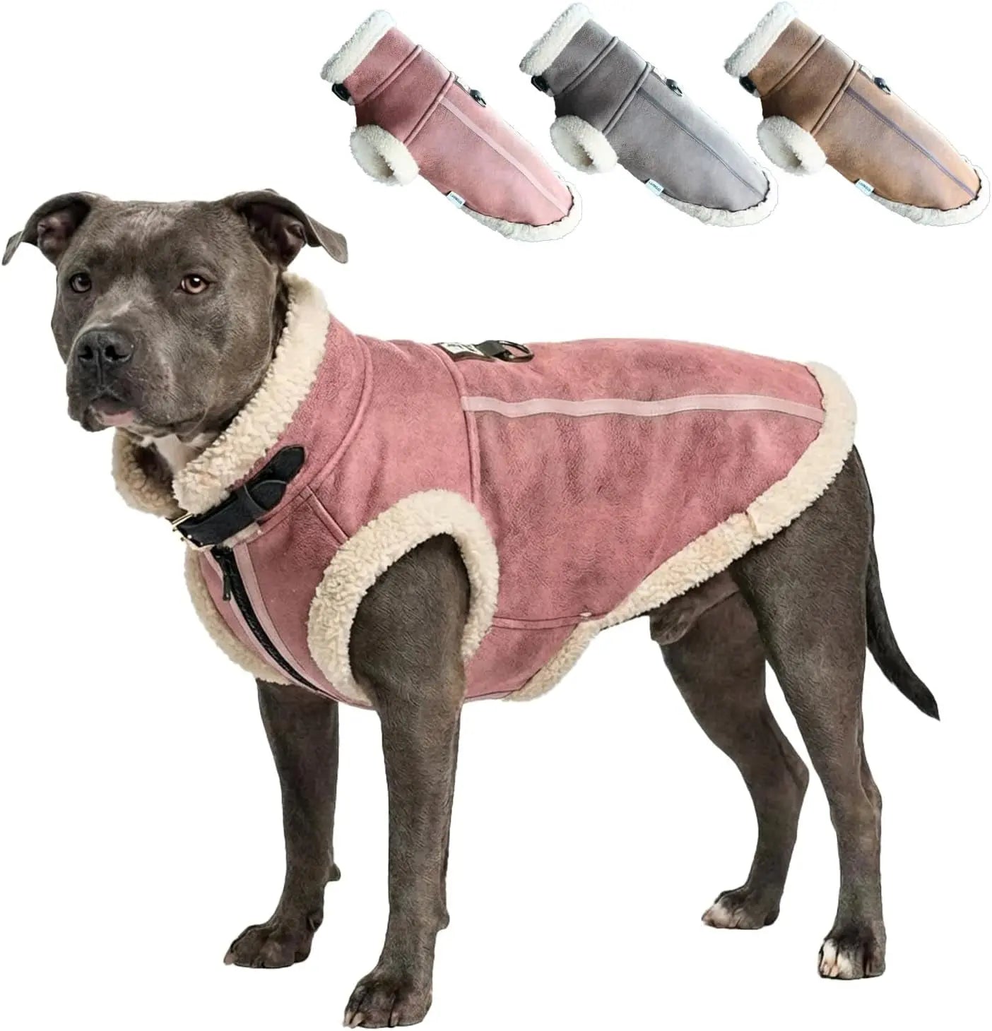 Pink sherpa-lined dog aviator coat with dark trim and front zipper closure