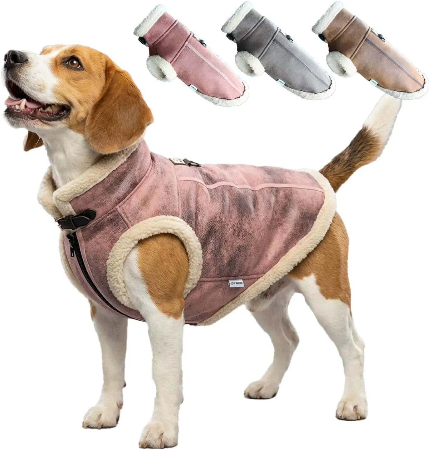 Pink suede-look dog jacket with tan sherpa trim and front zipper