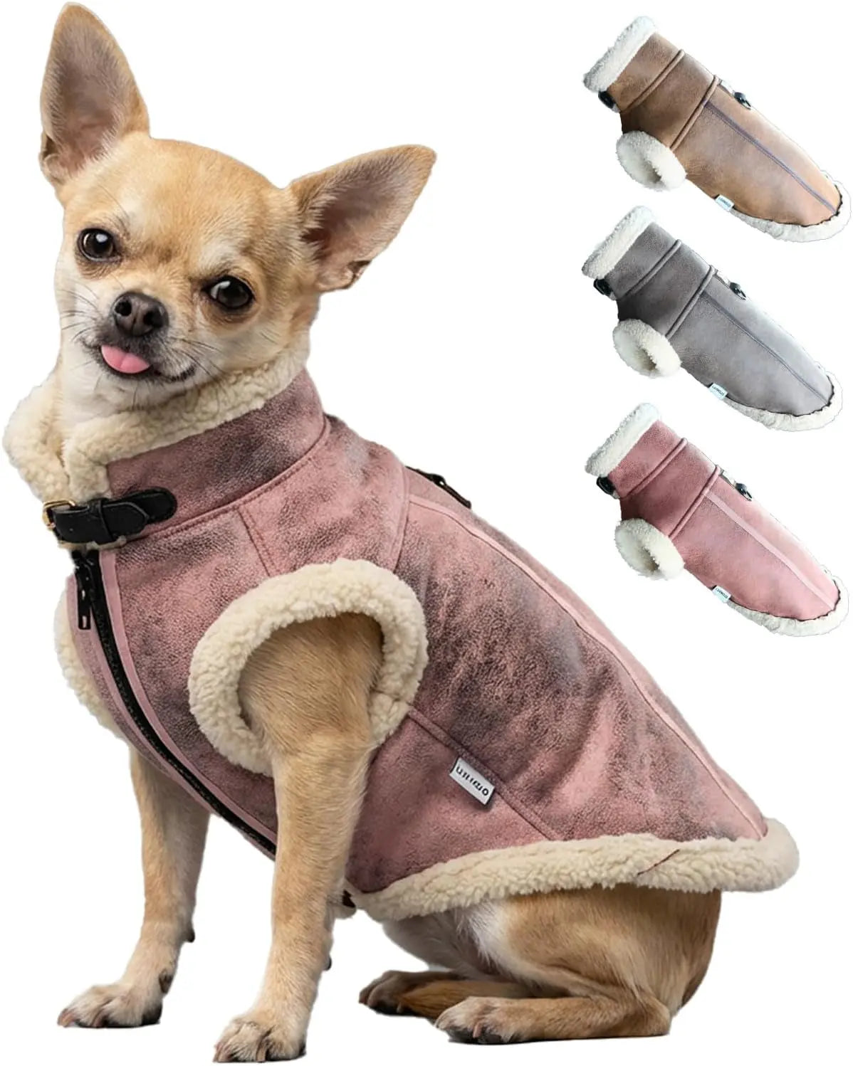Mauve faux leather dog aviator jacket with beige sherpa lining, front zipper