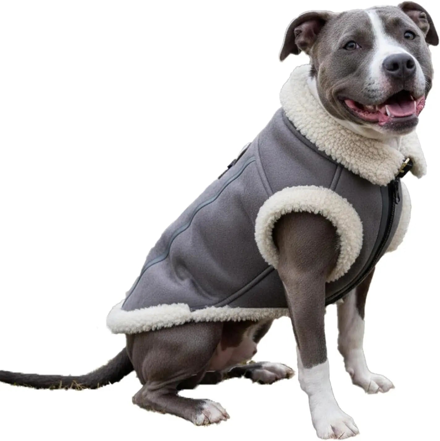 Gray dog jacket with cream sherpa collar and sleeve trim, front zipper