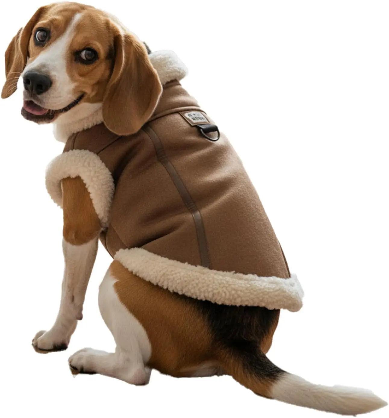 Coffee-brown dog jacket with cream sherpa lining and front zipper