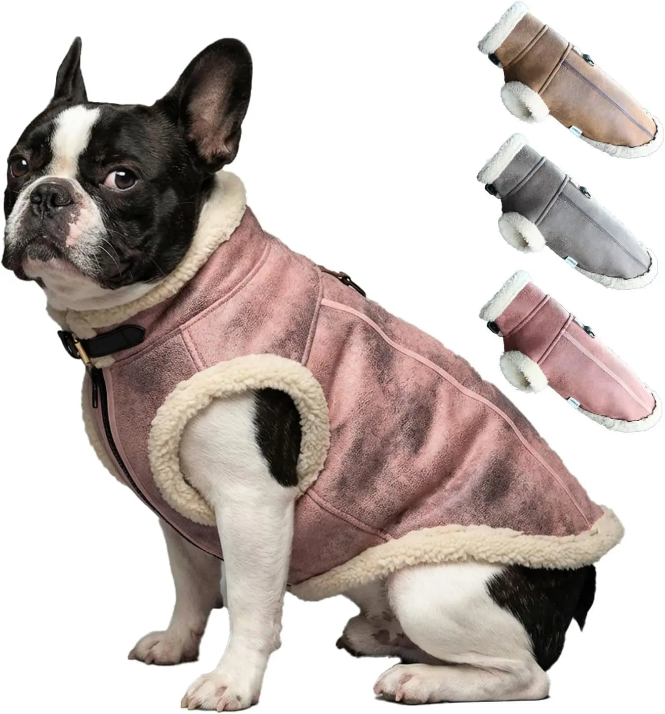 Mauve pink faux leather dog jacket with cream sherpa lining and front zipper