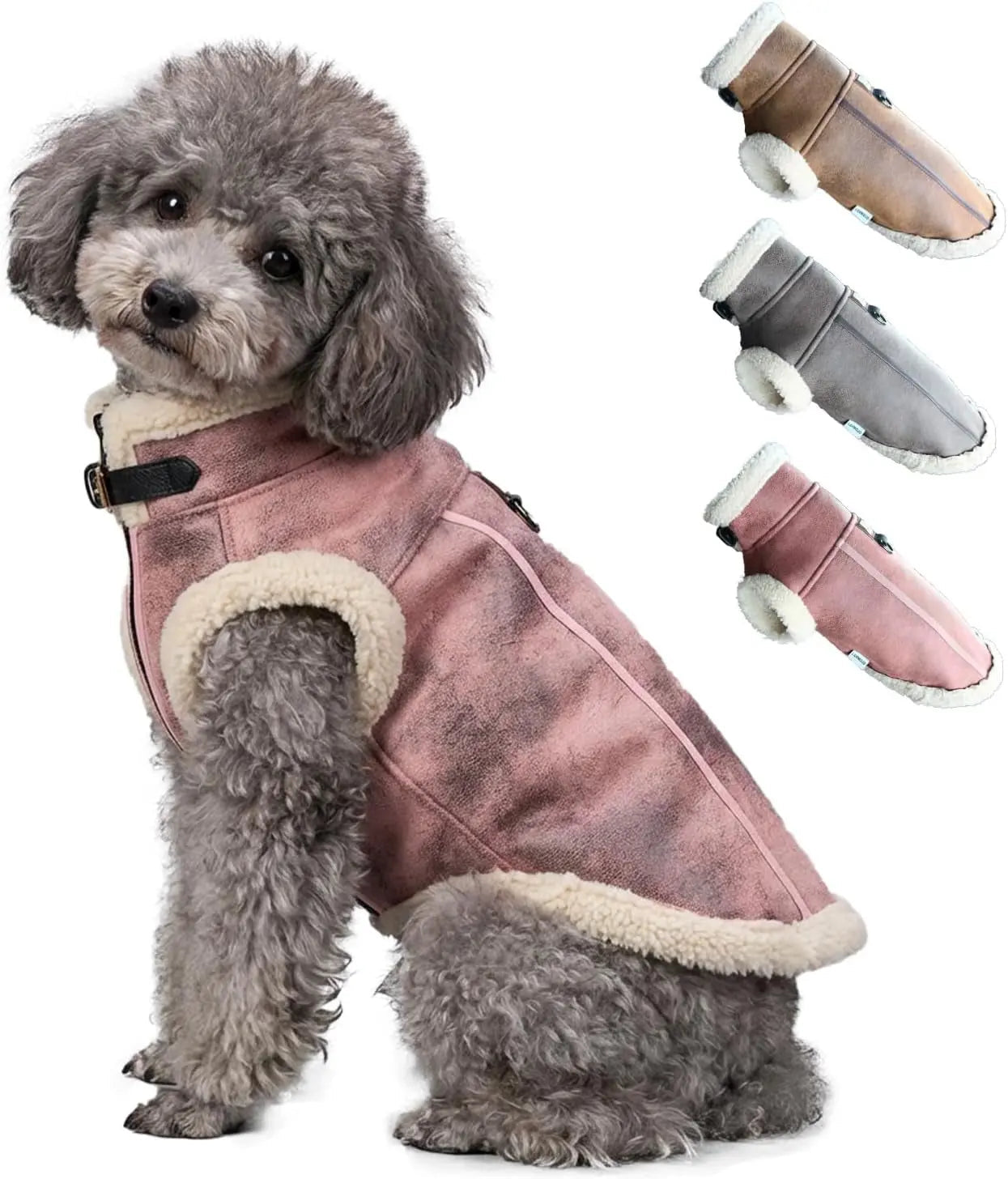 Mauve pink dog jacket with cream sherpa pocket trim and front zipper