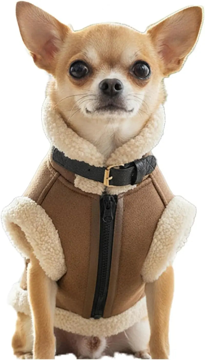 Brown faux leather dog jacket with cream sherpa lining and front zipper