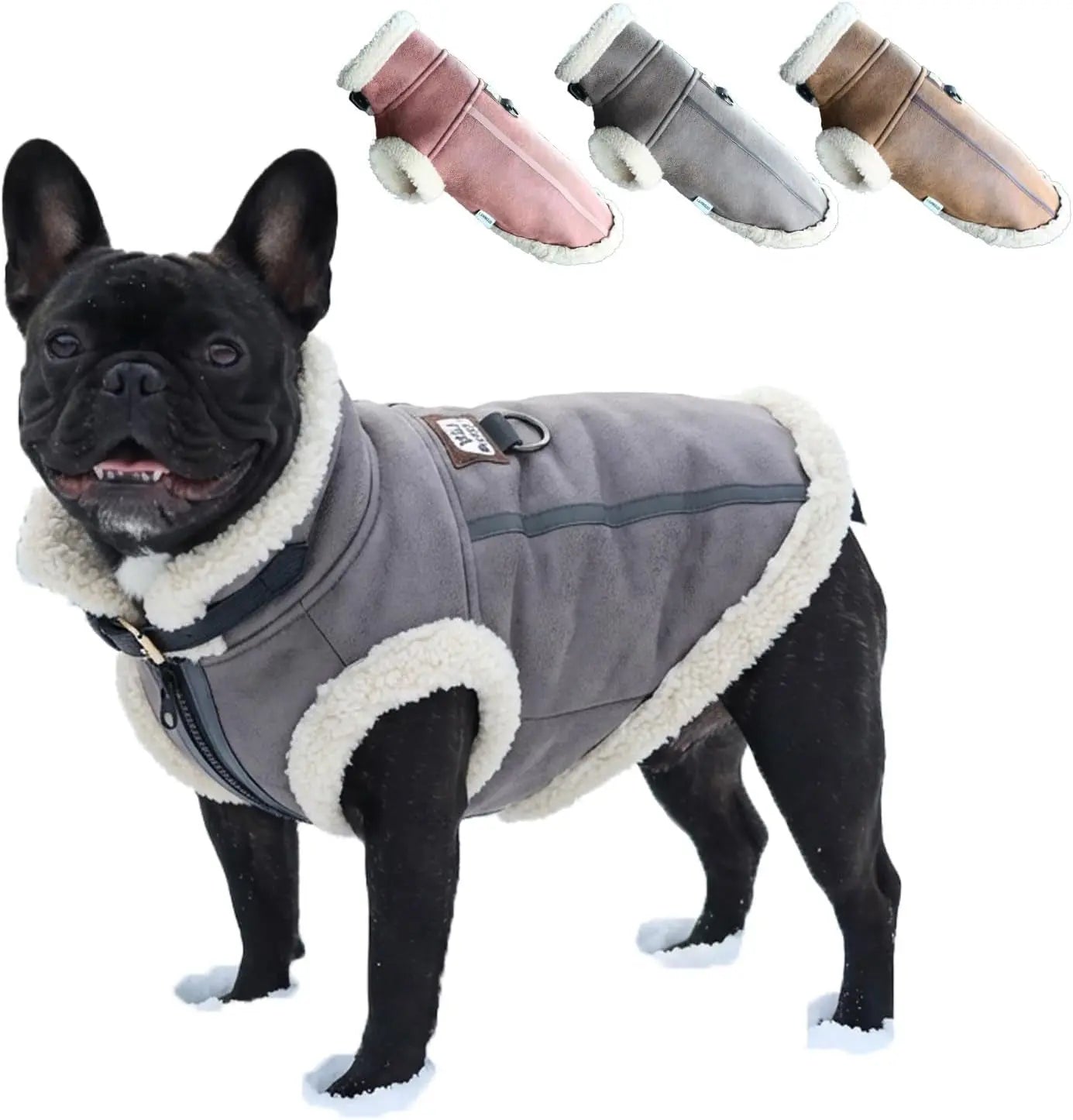 Gray faux leather dog jacket with cream sherpa pocket trim and front zipper
