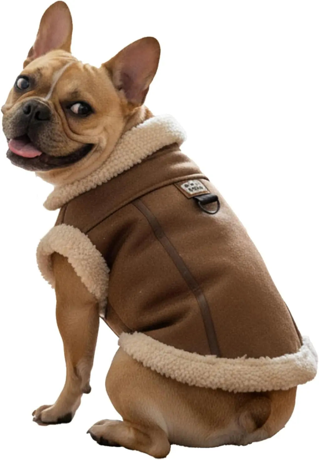 Coffee-brown dog jacket with cream sherpa collar and front zipper