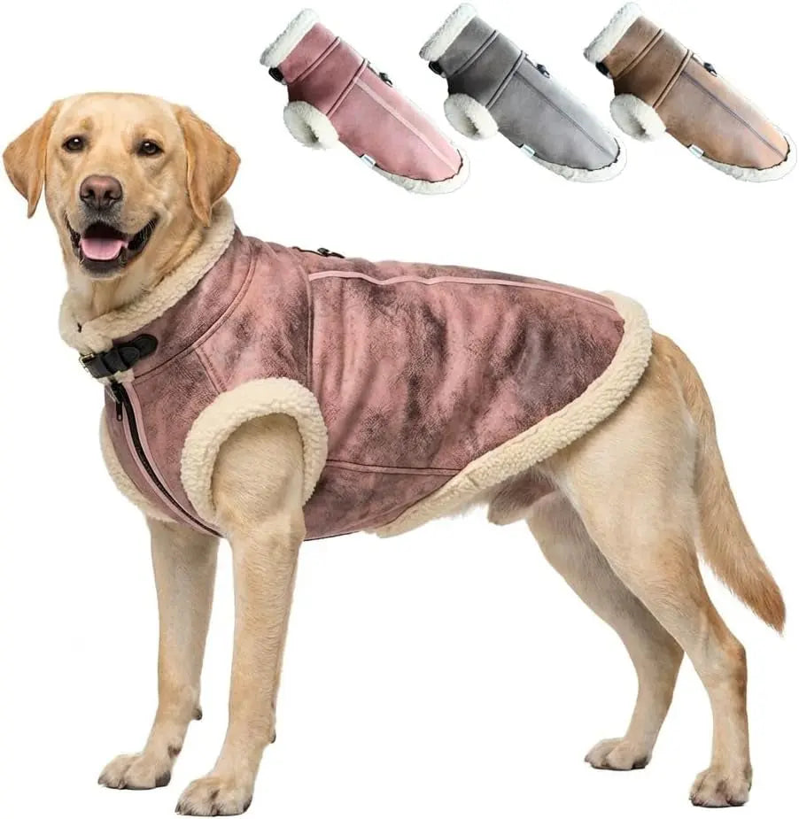 Pink faux leather dog aviator jacket with beige sherpa lining, front zipper