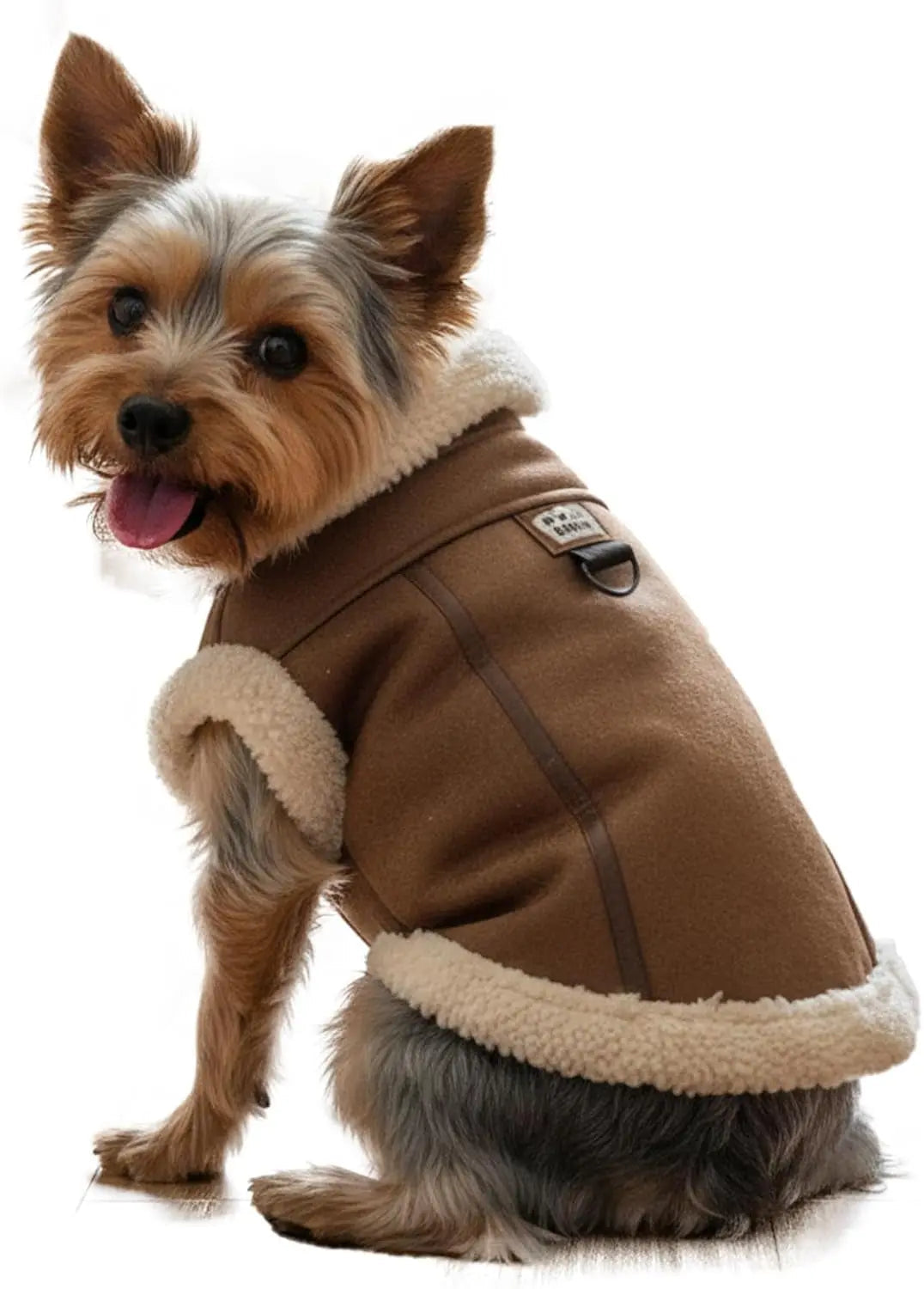 Brown faux leather dog aviator jacket with beige sherpa collar and lining, zipper