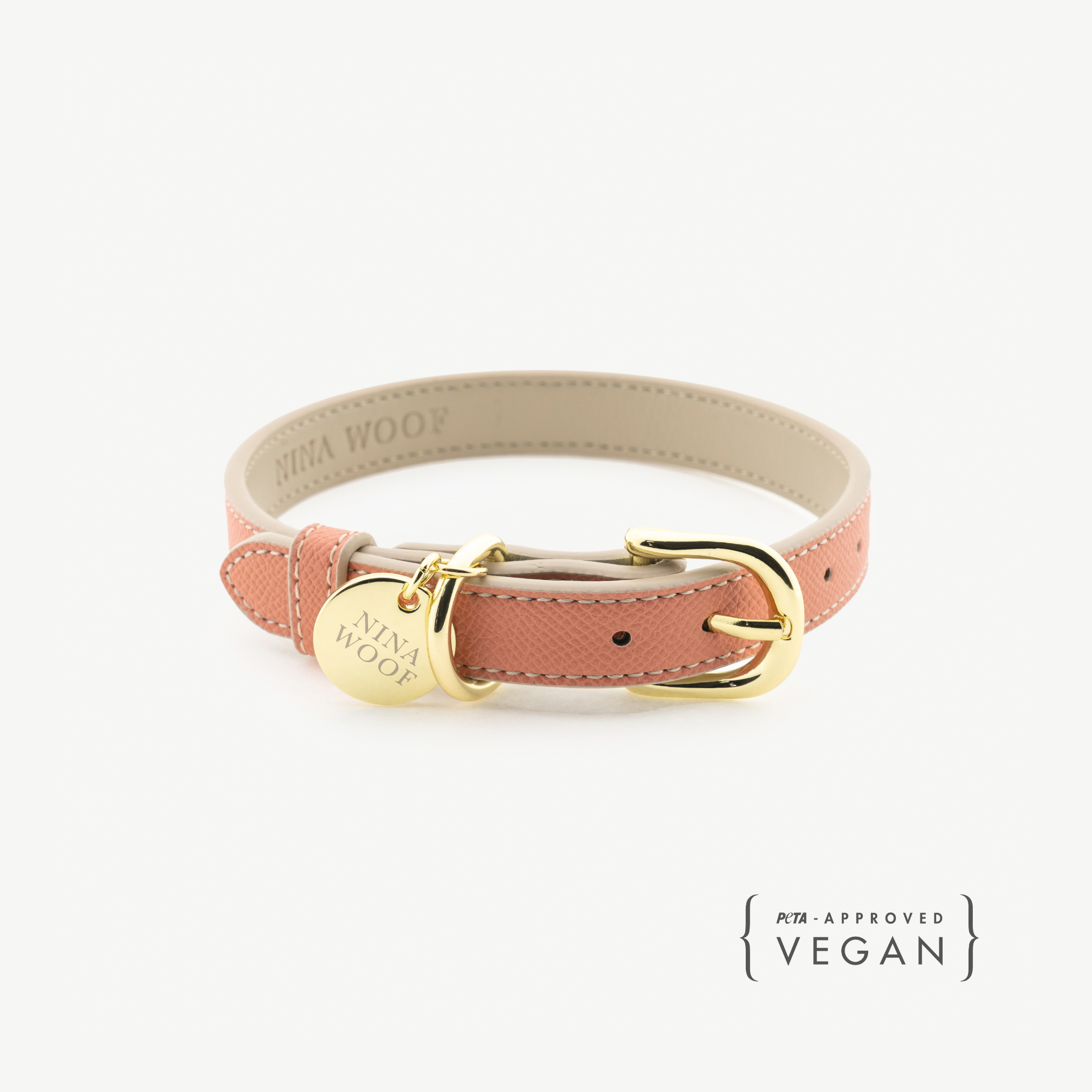 Peach Rio vegan leather dog collar, gold buckle, round nameplate