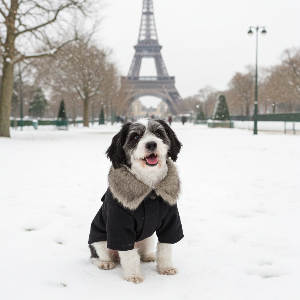 Dog coat with faux-fur collar and buttons, dark black