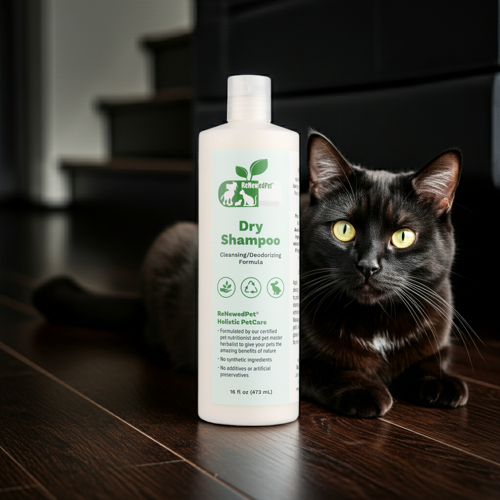 Pet dry shampoo bottle with white label and pump sprayer, beside a black cat