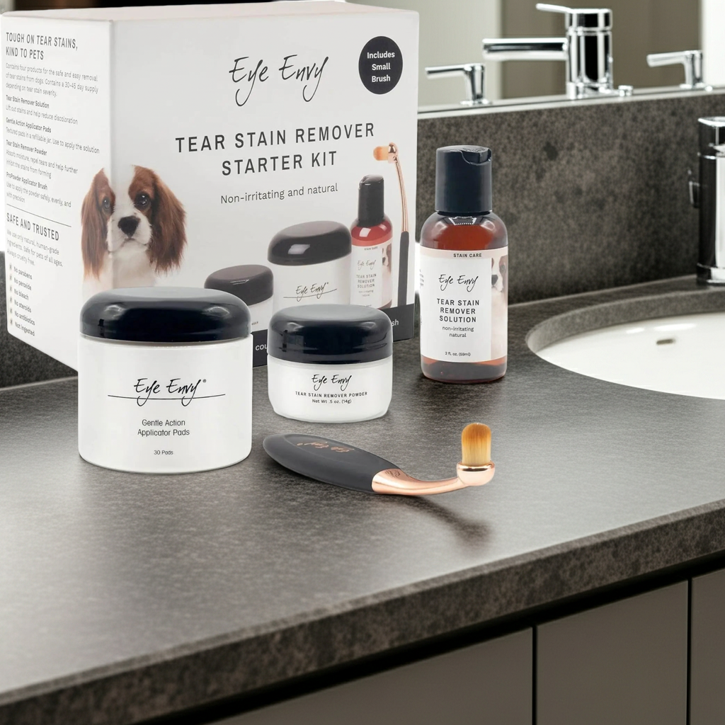 Eye Envy dog tear stain remover starter kit with brush pads and solution bottle