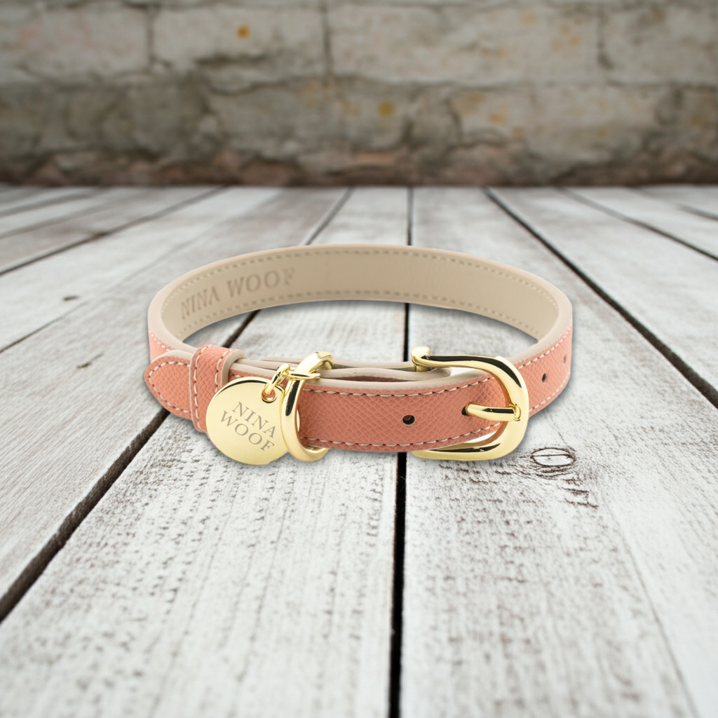 Vegan leather dog collar in peach with gold buckle and ring, NINA WOOF logo