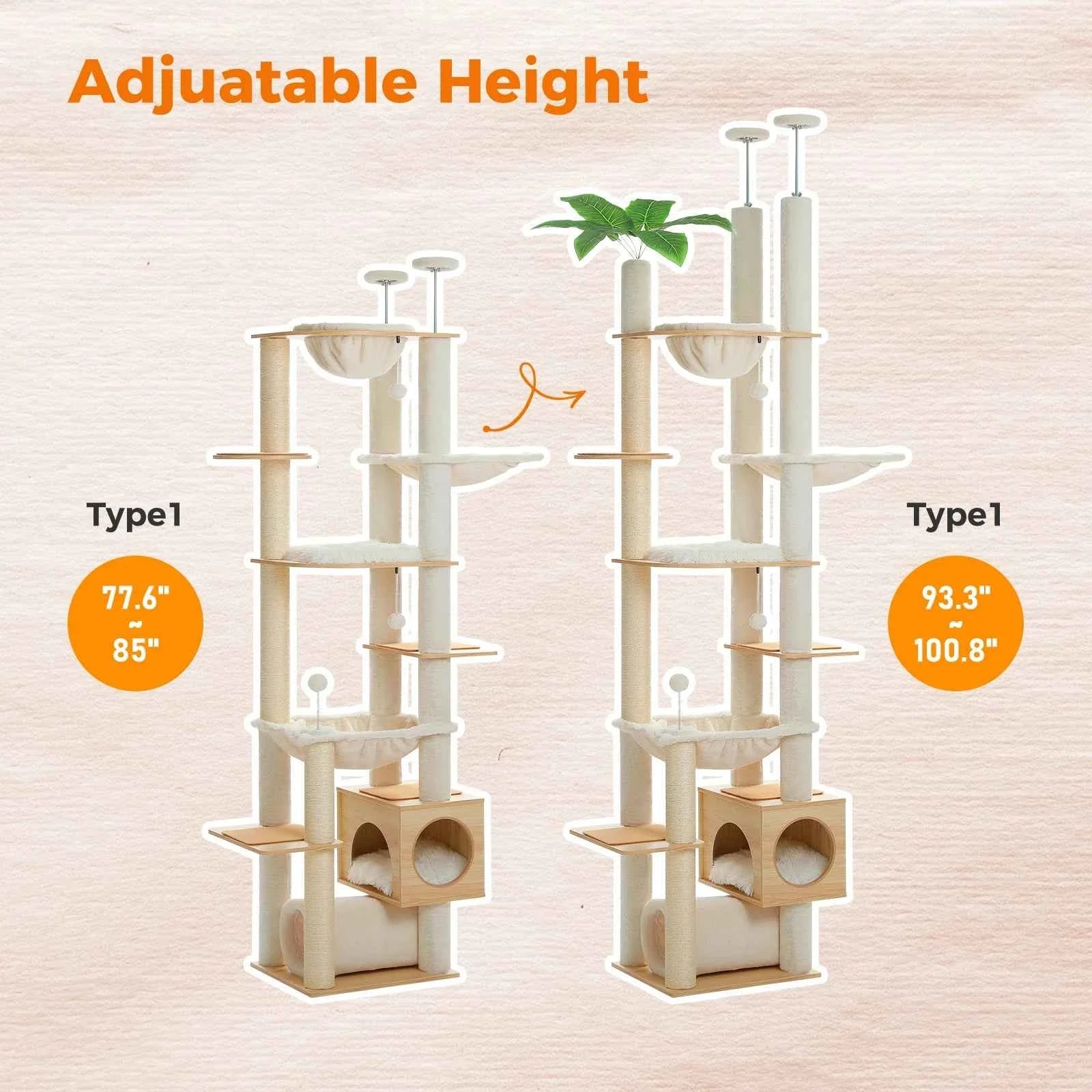 Adjustable-height cat tree design with stacked platforms and enclosed lower cubby