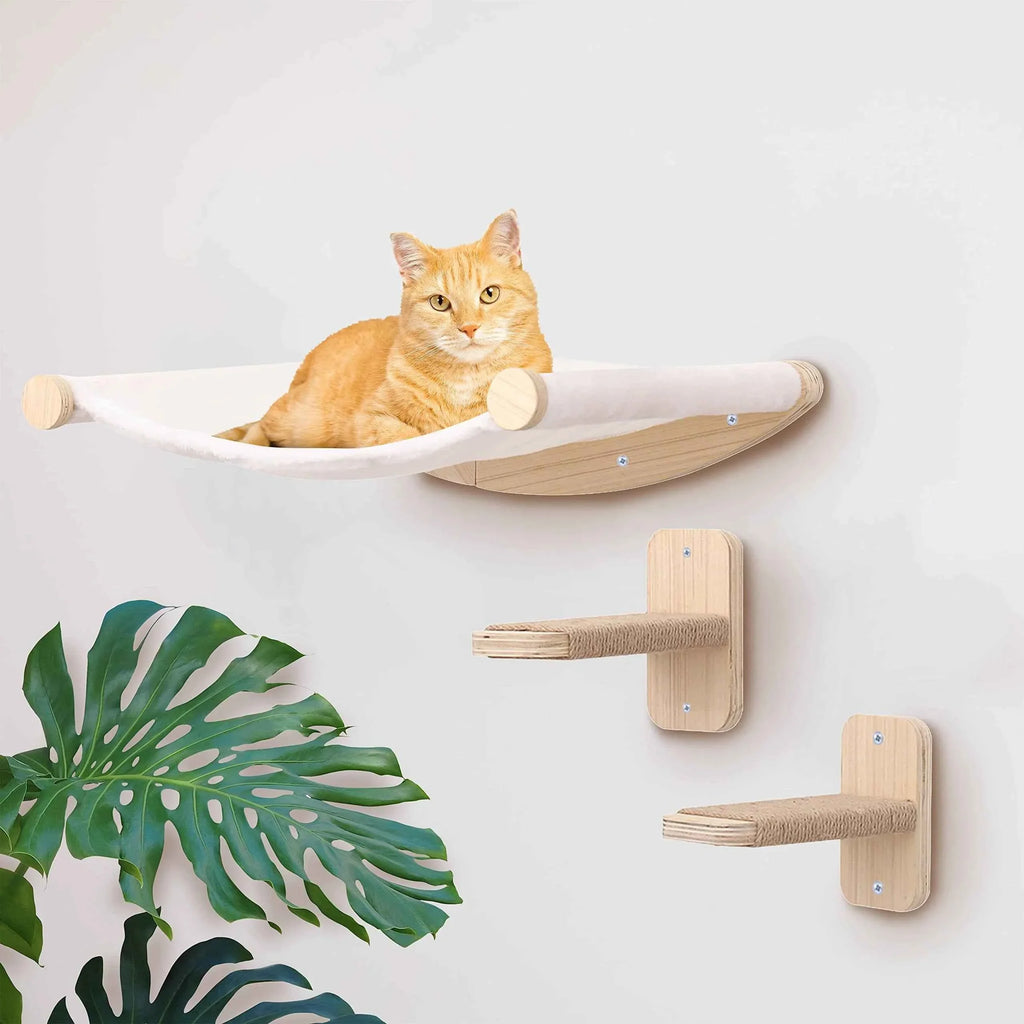 Wall-mounted cat hammock with curved wooden base and sisal rope posts
