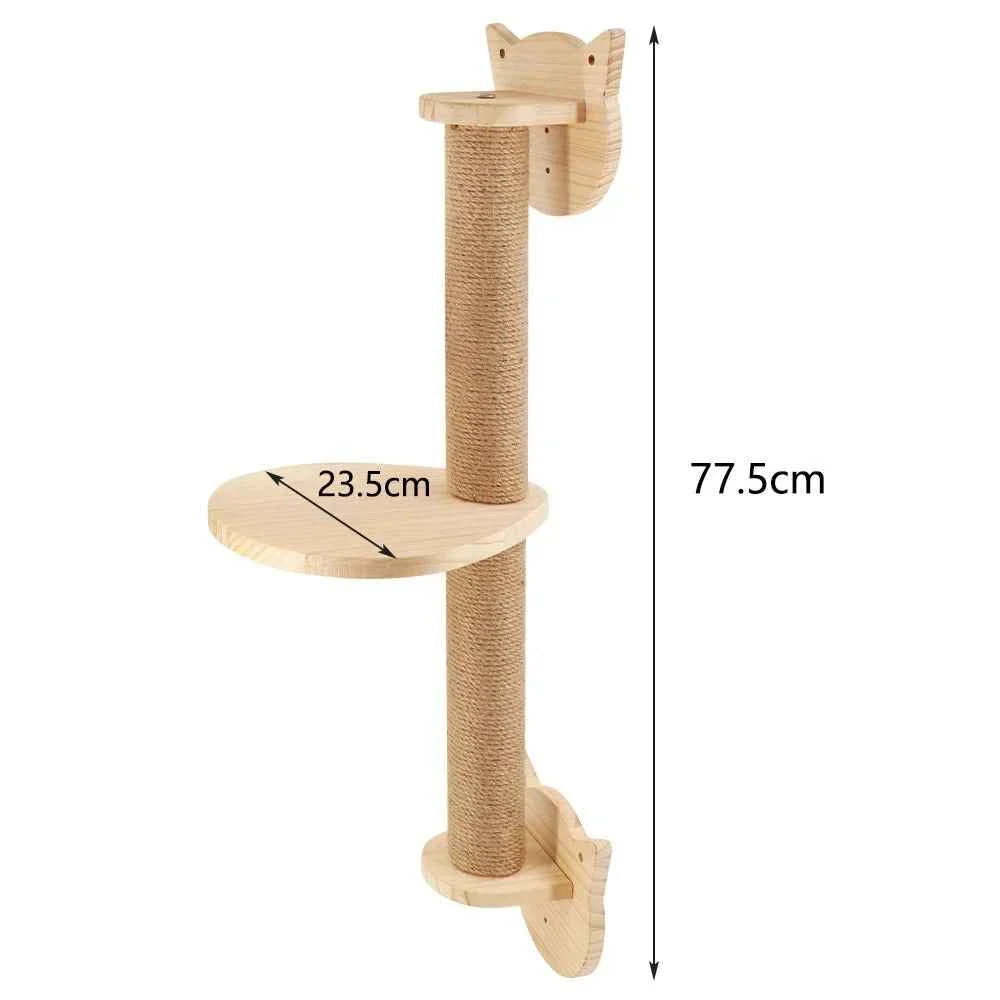 Wall-mounted cat climbing rope tower with round sisal-wrapped posts and platforms