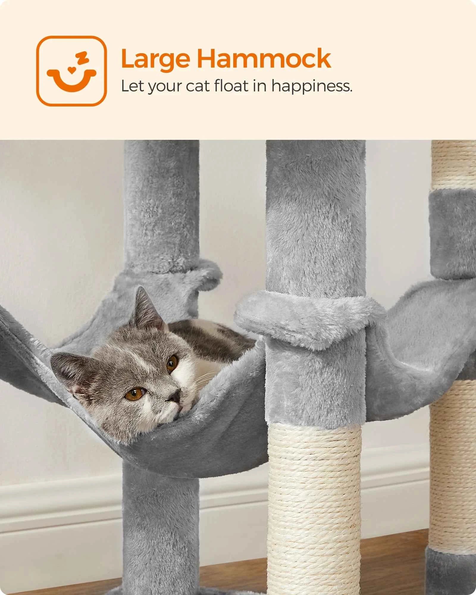Gray hanging hammock attached to cat tree posts with plush platforms and vertical posts