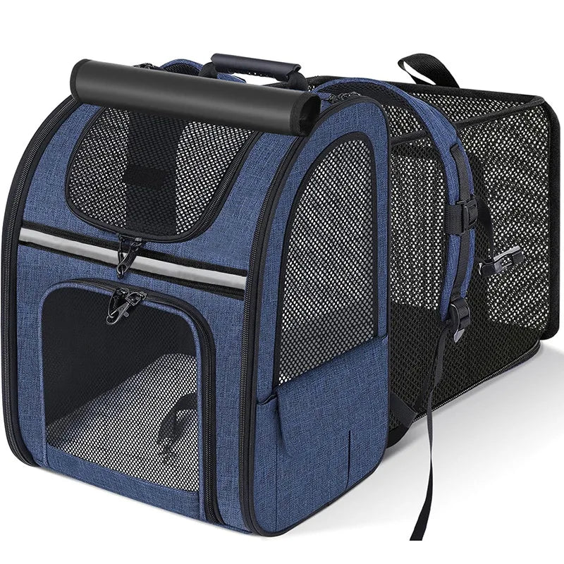 Blue expandable cat carrier backpack with mesh windows and padded shoulder straps