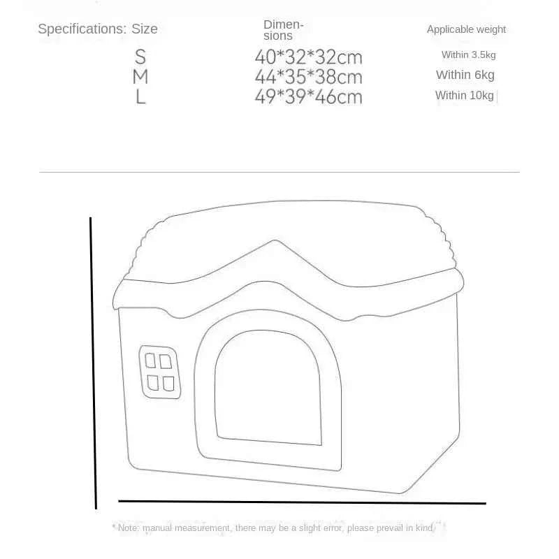 Pet castle house size diagram with dimensions for S, M, and L