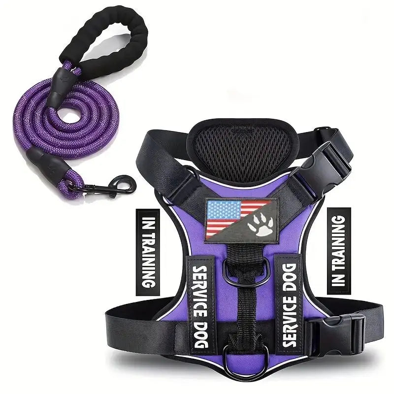Purple dog vest harness with padded mesh chest, star-and-stripe patch, and purple leash rope