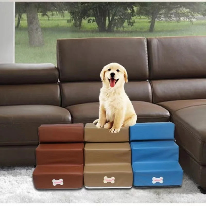 Three stacked pet stairs steps in brown, tan, and blue colors