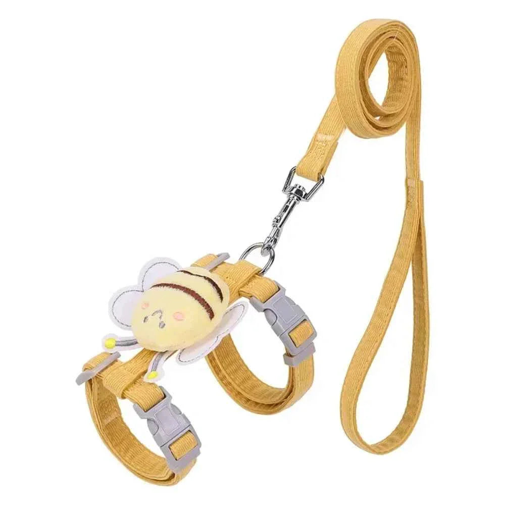Yellow bee plush cat harness vest with adjustable straps and long leash