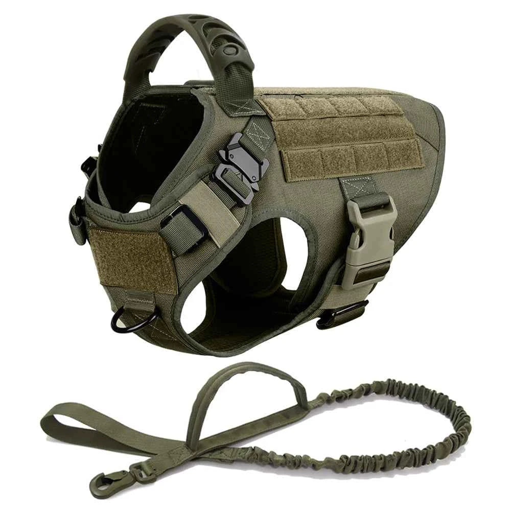 Olive green no-pull dog harness vest with matching leash, tactical training vest set