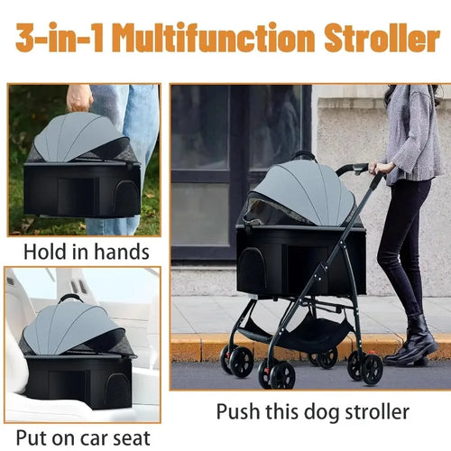 3-in-1 multifunction pet stroller carrier, gray and black, shown being pushed