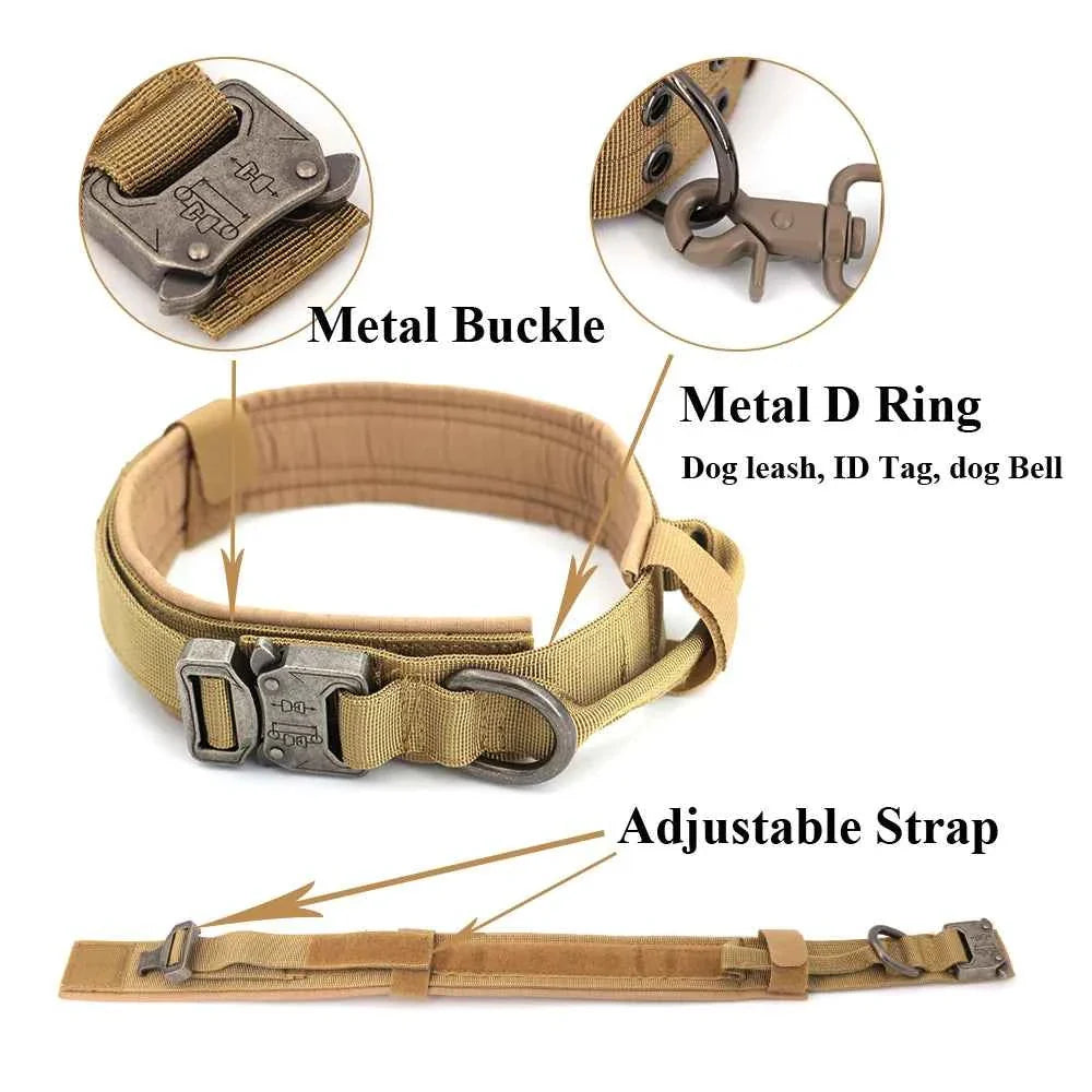 Tactical no-pull dog harness with metal buckle, D-ring, and adjustable strap close-up
