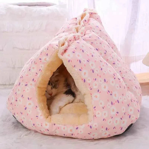 Pink patterned 2-in-1 cat house bed with arched doorway and plush interior