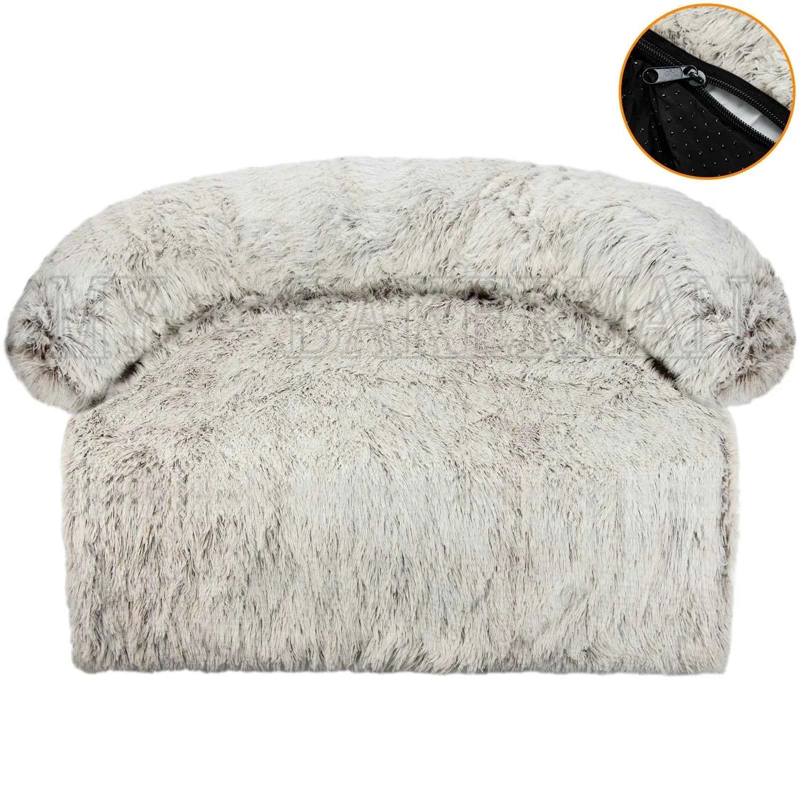 Off-white/cream plush sofa-style dog bed with zipper closure on the back