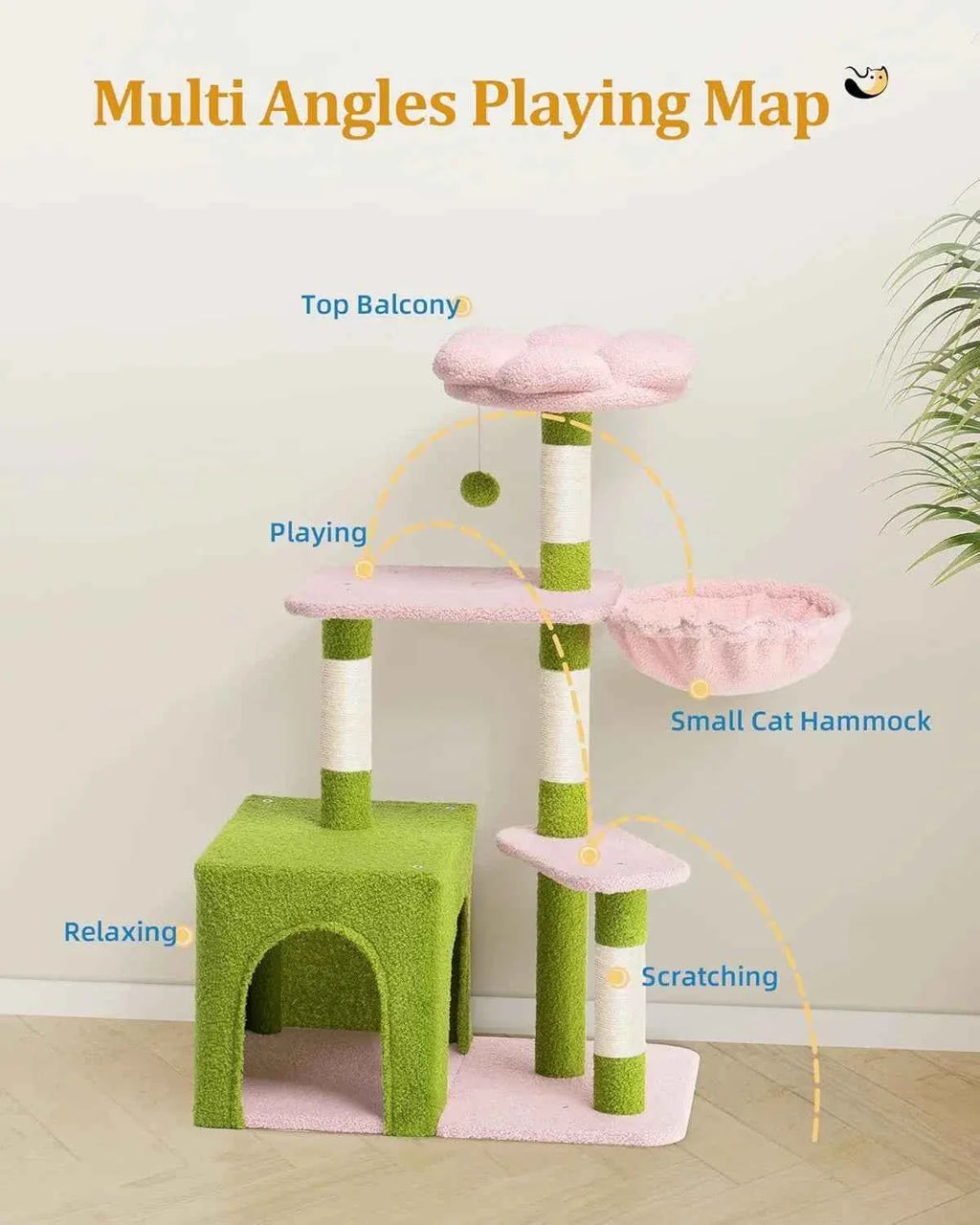 Cat tree multi-activity layout with top balcony, scratching posts, and small pink hammock