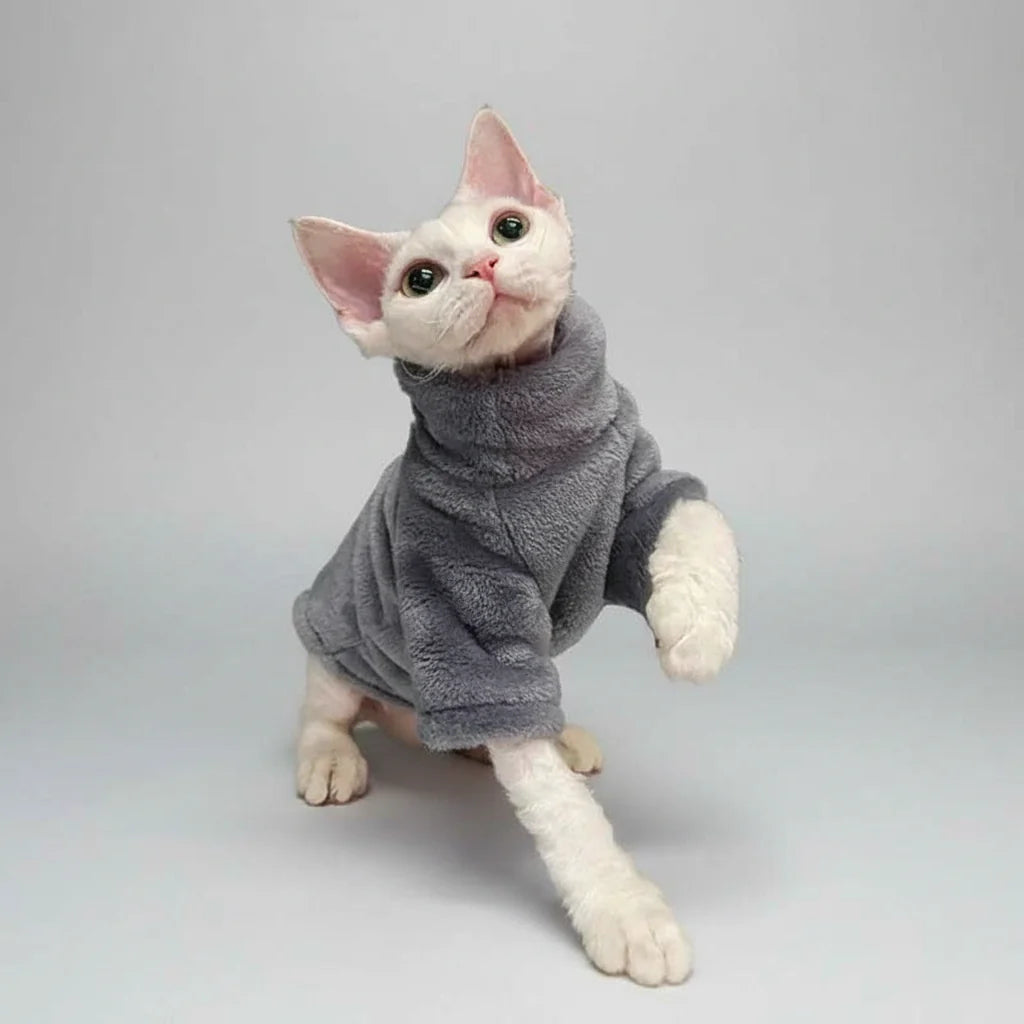 Grey turtleneck fleece cat sweater with folded high collar