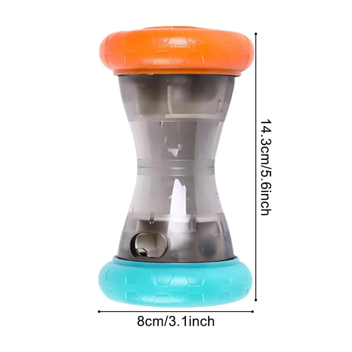 Teal and orange treat dumbbell dispenser, 14.3cm tall and 8cm wide
