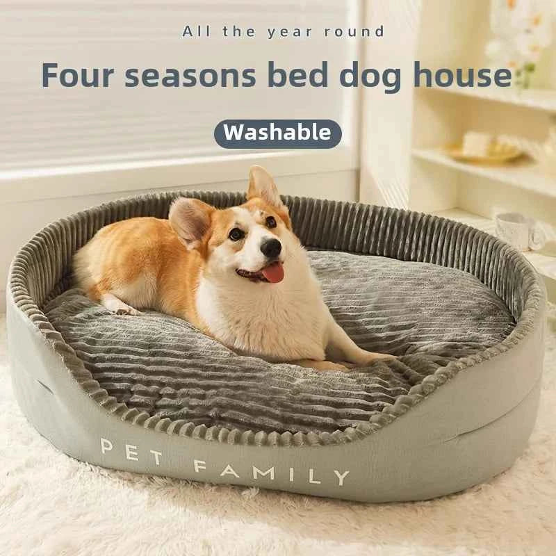 Round large dog bed with gray ribbed top and light gray side bolster