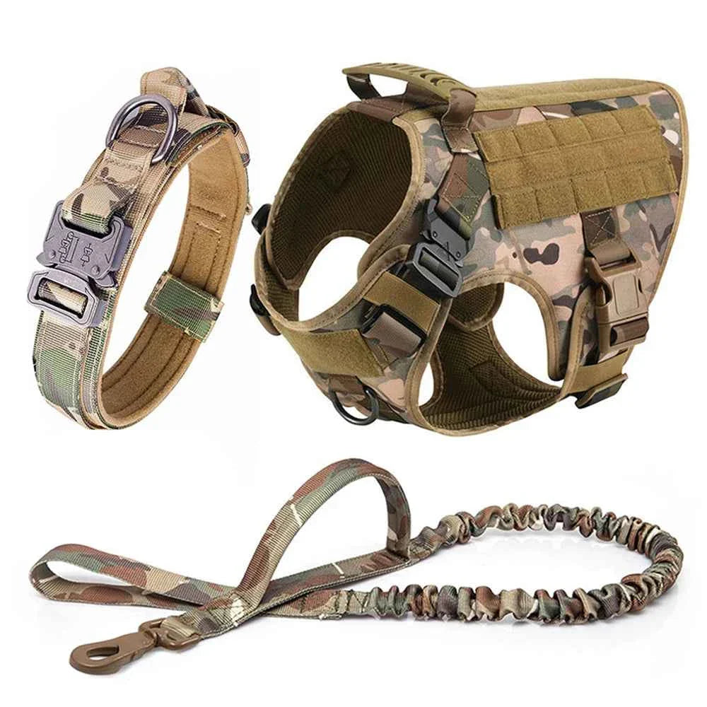 Camouflage no-pull dog harness vest with leash and tactical training accessory set
