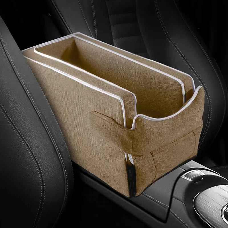 Beige car center console pet bed with white piping and side pocket