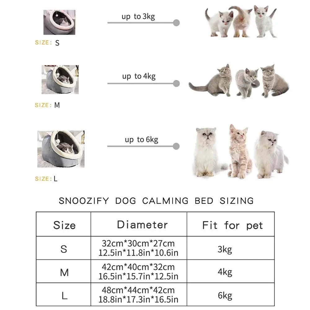 Bed sizing chart: Snoozify dog calming bed S/M/L diameters and pet weight