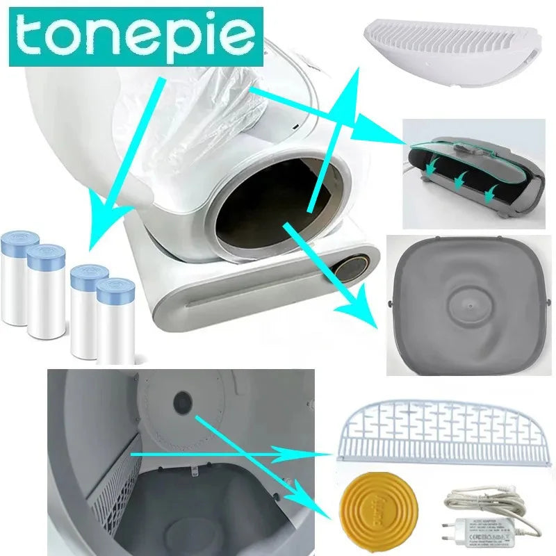 Automatic cat litter accessories kit components: litter pad, filter, bin door, bags, power cord