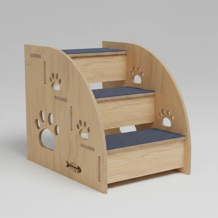 Detachable dog stairs ramp, light wood with paw cutouts and three blue padded steps