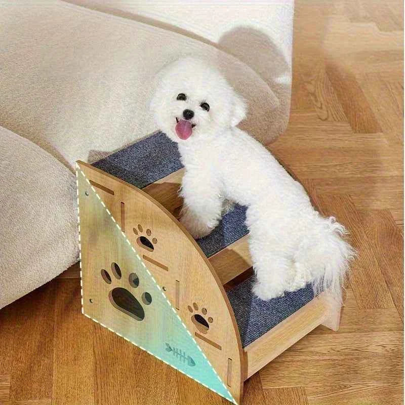 Small dog on blue padded steps of a light-wood ladder ramp with paw cutouts