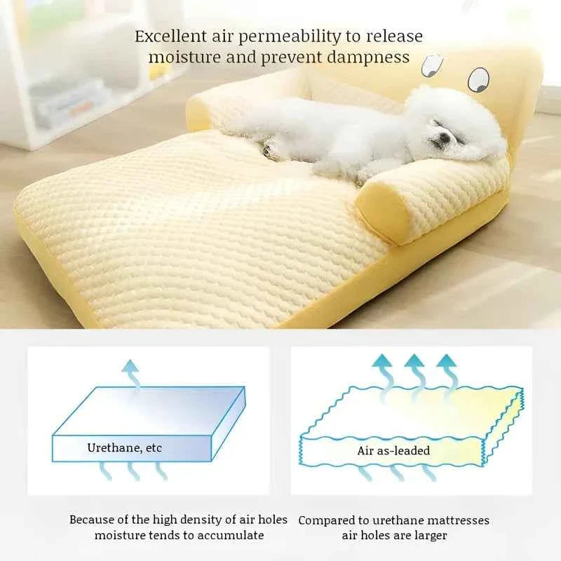 Rock yellow cooling pet sofa bed with backrest and cream breathable textured surface