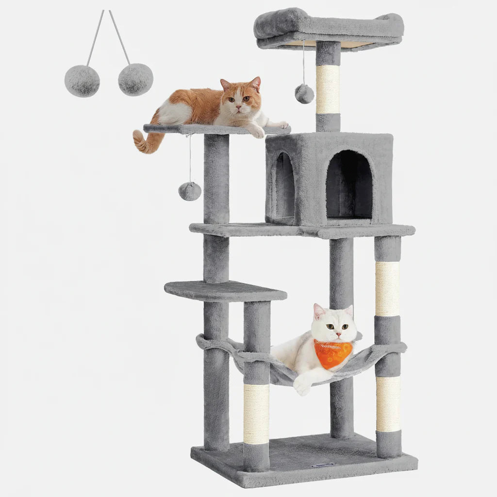 Gray cat tree with hammock swing, top pad, enclosed condo, and sisal scratching posts