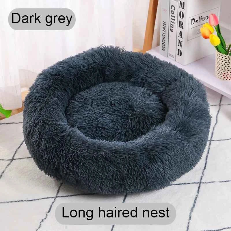 Dark grey round donut pet bed plush nest with shaggy long-pile fabric, cushioned center