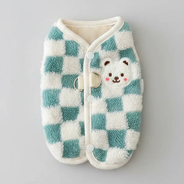 Plaid blue cat sweater vest with cream trim, button front, and bear applique