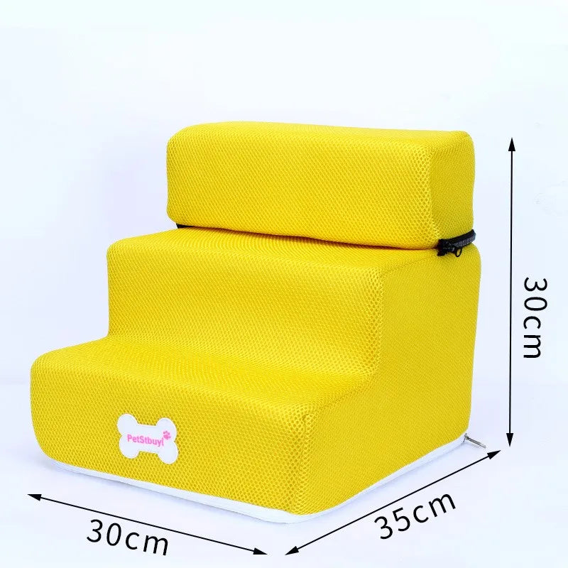 Three-step pet stairs in yellow fabric with pet paw tag and non-slip base