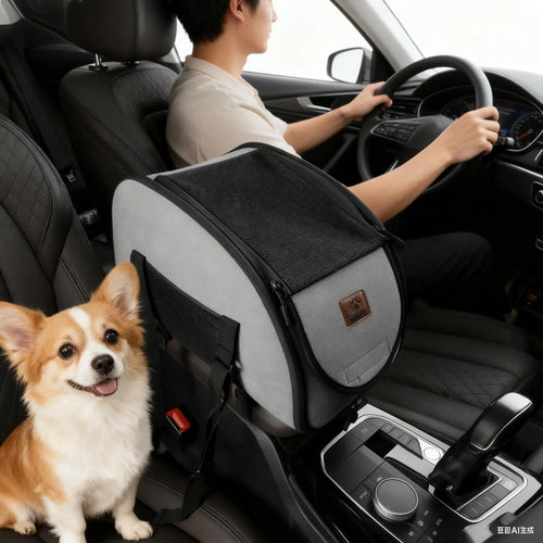 Grey and black car seat belt carrier with side mesh pocket for car back seat