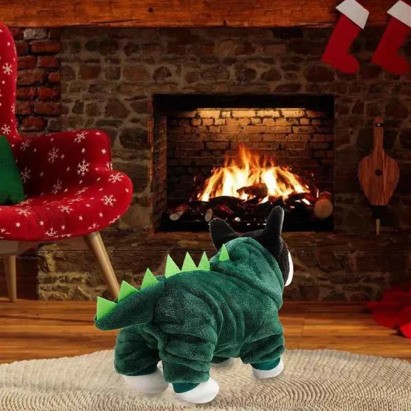 Green dinosaur pet hoodie on a small dog, spiky back details and hood