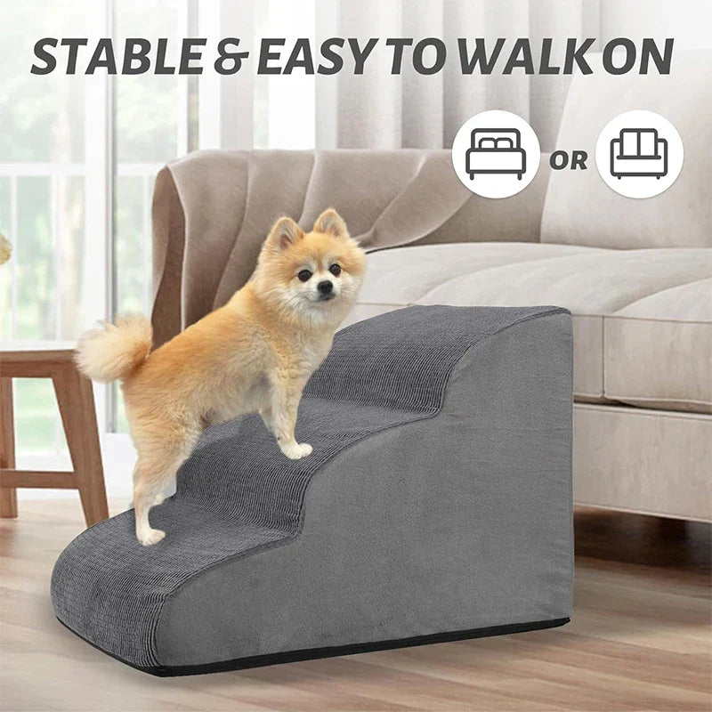 Gray fabric 3-step pet stairs with cushioned steps and rounded side rails